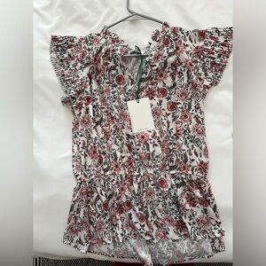 Pleated Slv Elastic Waist Floral Top